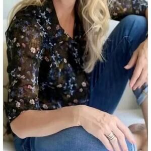 CAbi Top Small Sheer Floral long Sleeve Button Front 3593 Floret Ruffle Collar